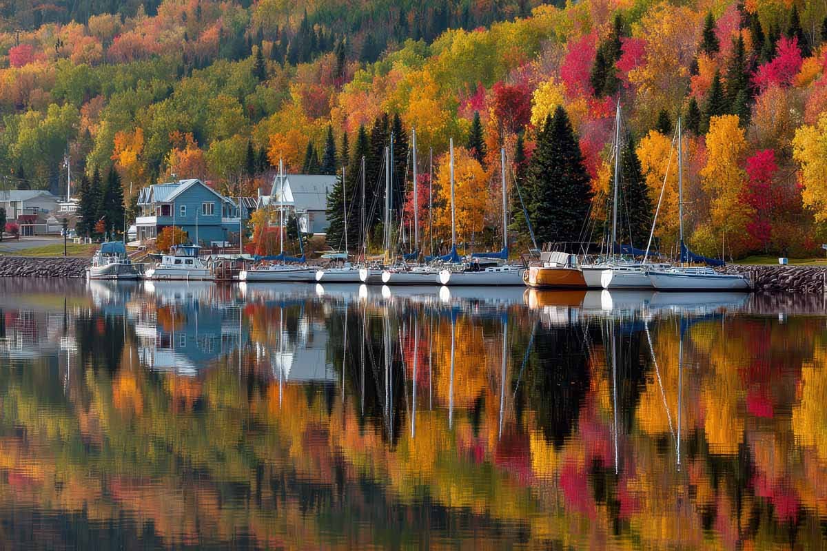 Sailboats moored below autumn woodland on a Wisconsin lake, in the Walworth County area